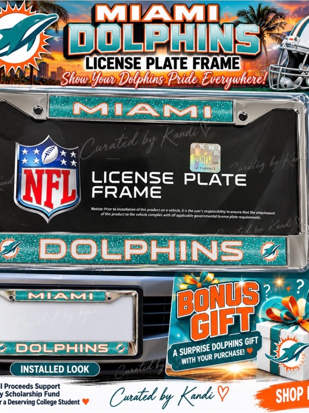 NFL Miami Dolphins Teal Glitter License Plate Frame